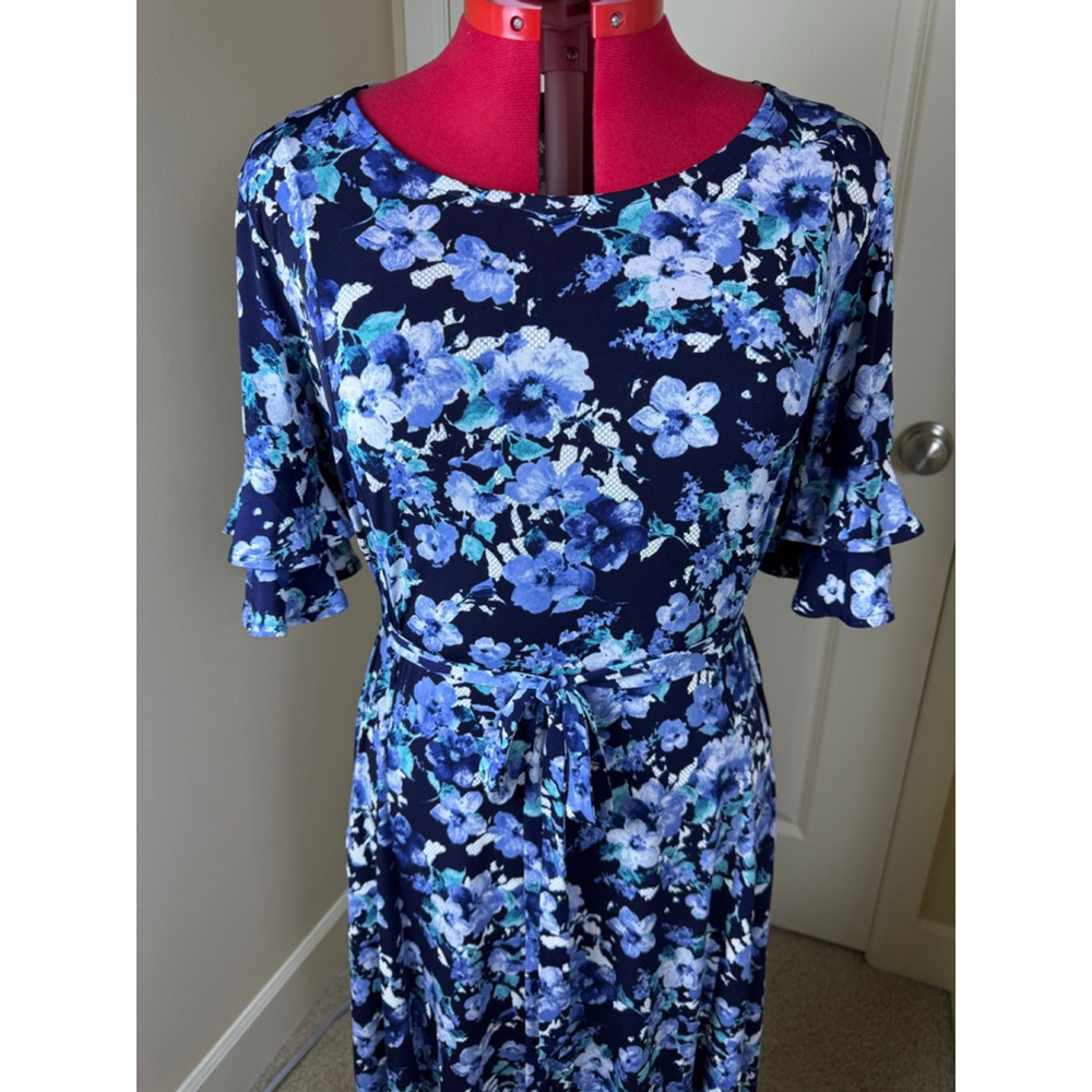 NWOT Women's Nina Leonard XL Navy Blue Floral Ruffle Sleeve Maxi Dress